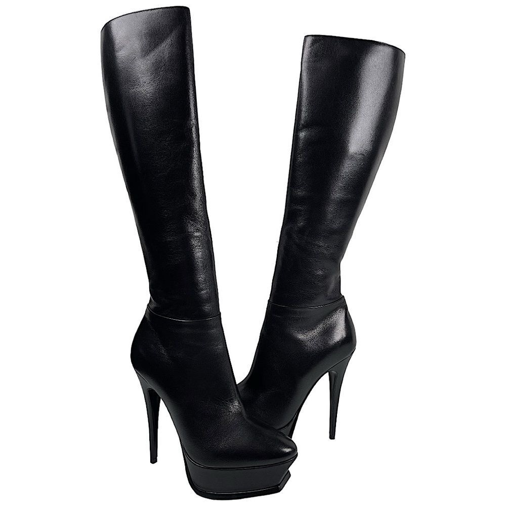 Saint Laurent Tribute Black Leather Stiletto Heel Knee High Platform Boots 37.5